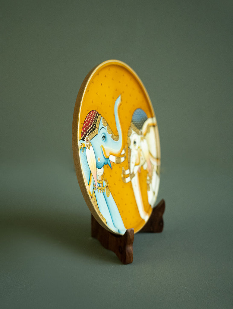 Pichwai Art Wooden Wall Plate / Table Curio - The Elephants