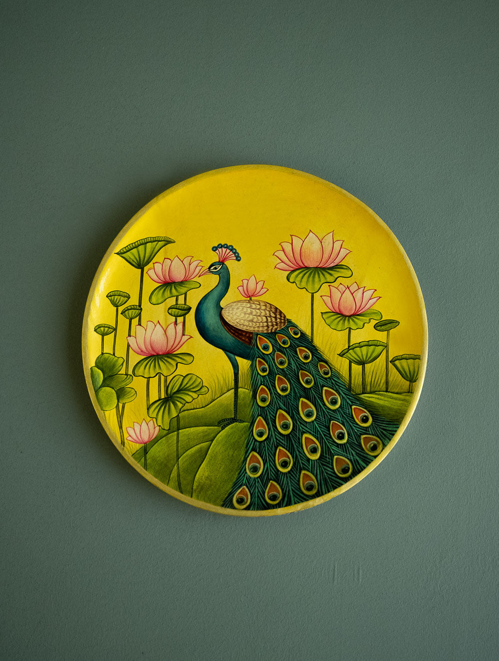 Load image into Gallery viewer, Pichwai Art Wooden Wall Plate / Table Curio - The Peacock