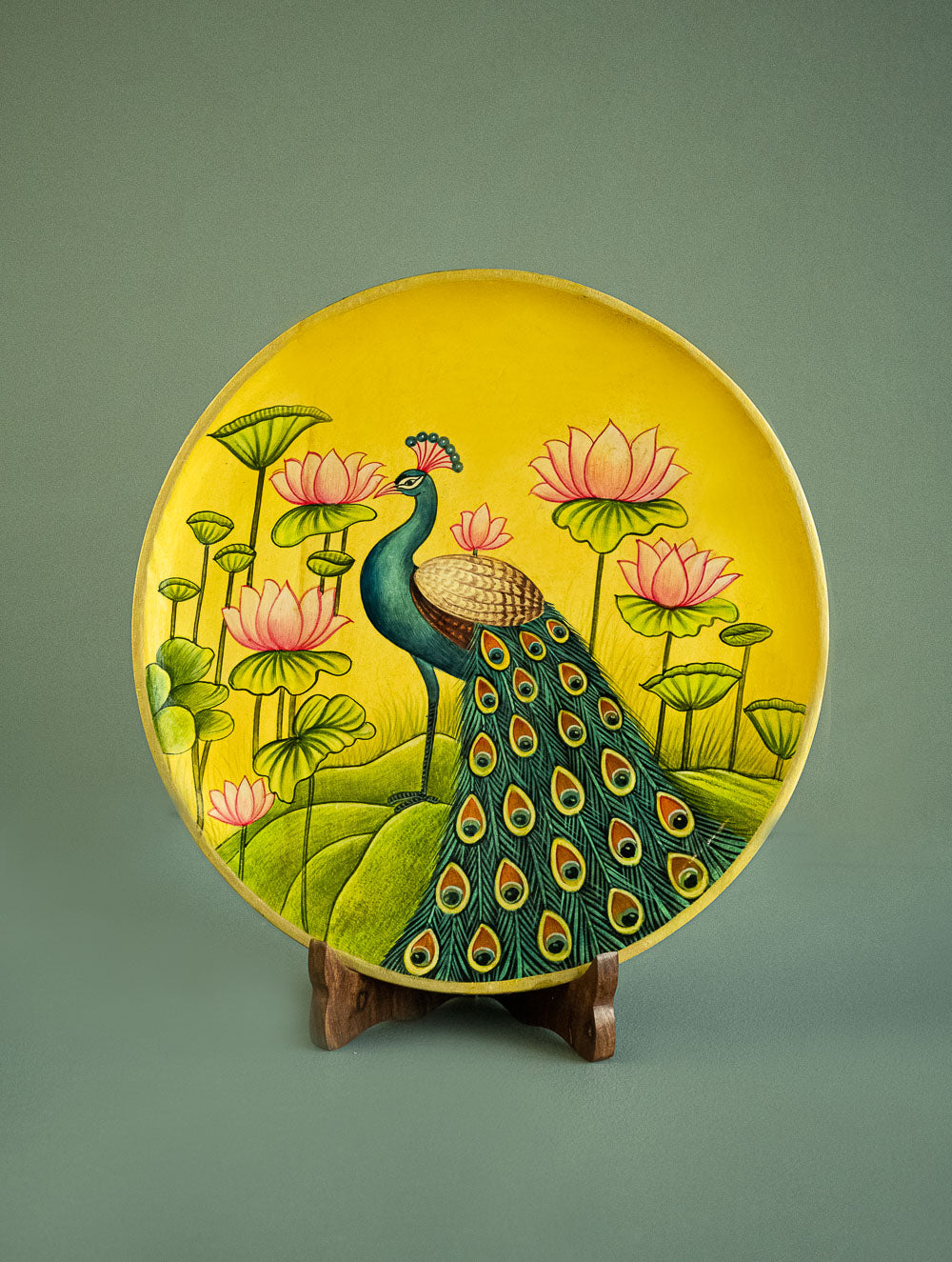 Load image into Gallery viewer, Pichwai Art Wooden Wall Plate / Table Curio - The Peacock