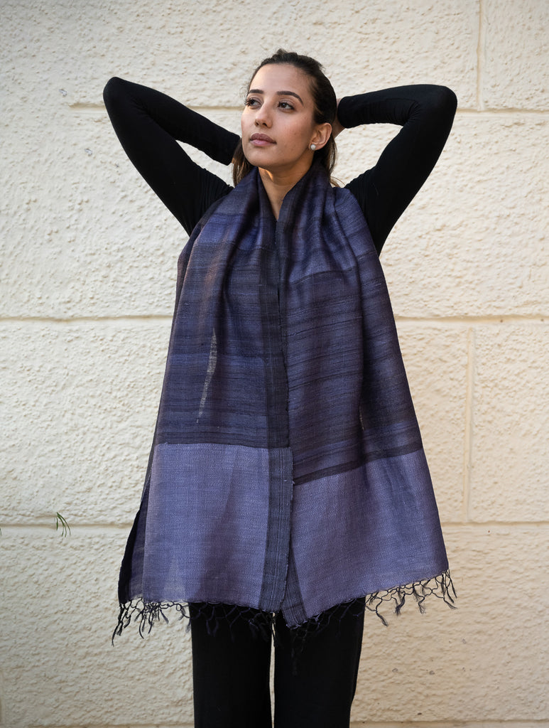 Pure, Handwoven Bhagalpur Tussore Silk Stole - Blues