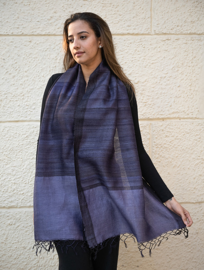 Pure, Handwoven Bhagalpur Tussore Silk Stole - Blues