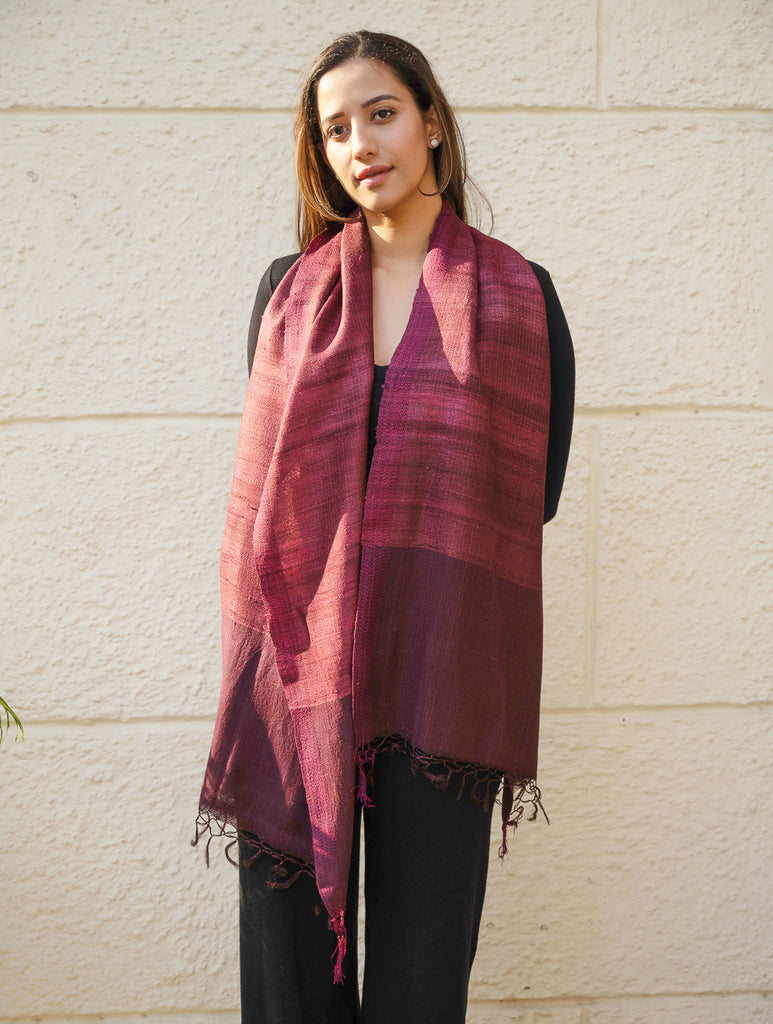 Pure, Handwoven Bhagalpur Tussore Silk Stole - Maroon Vibe