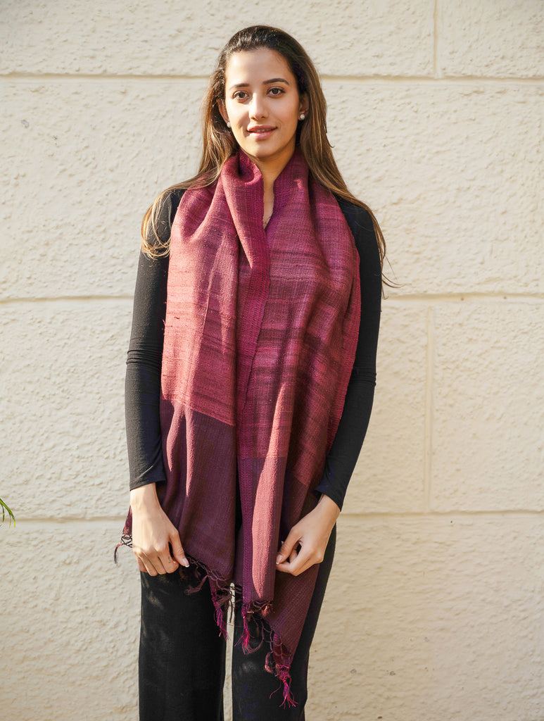 Pure, Handwoven Bhagalpur Tussore Silk Stole - Maroon Vibe