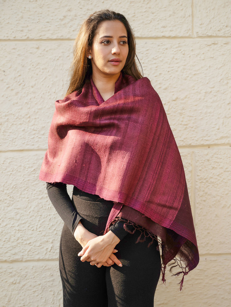 Pure, Handwoven Bhagalpur Tussore Silk Stole - Maroon Vibe