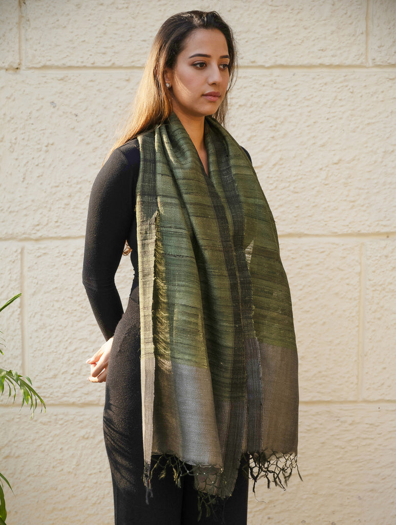 Pure, Handwoven Bhagalpur Tussore Silk Stole - Olive Elegance