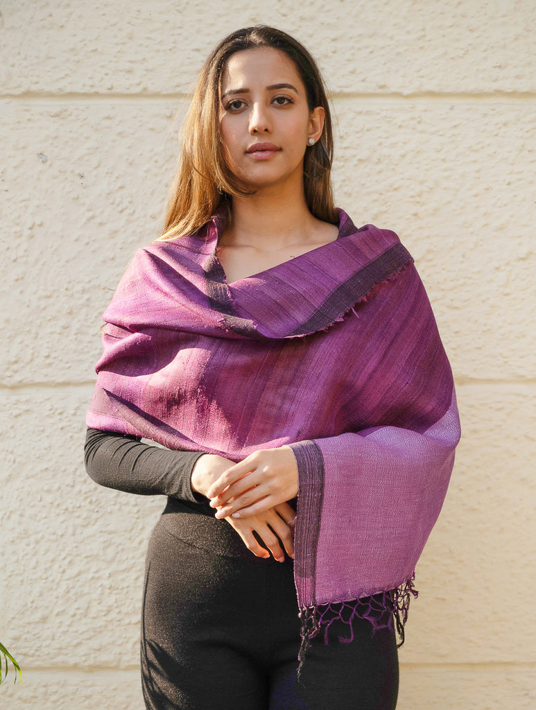 Pure, Handwoven Bhagalpur Tussore Silk Stole - Purple Moods