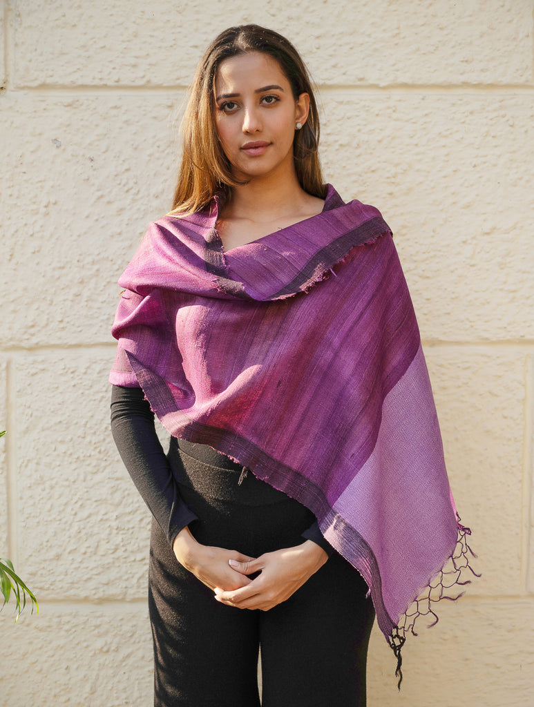 Pure, Handwoven Bhagalpur Tussore Silk Stole - Purple Moods