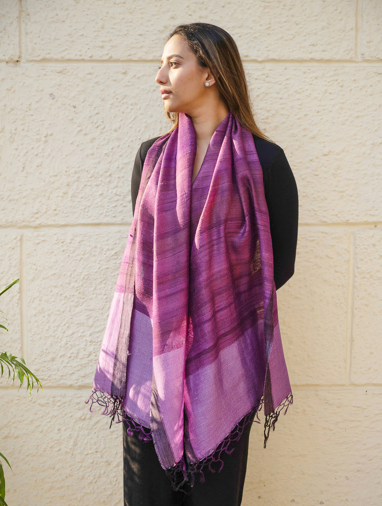 Pure, Handwoven Bhagalpur Tussore Silk Stole - Purple Moods