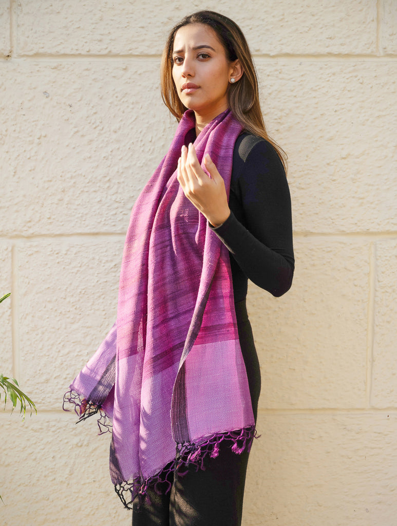 Pure, Handwoven Bhagalpur Tussore Silk Stole - Purple Moods