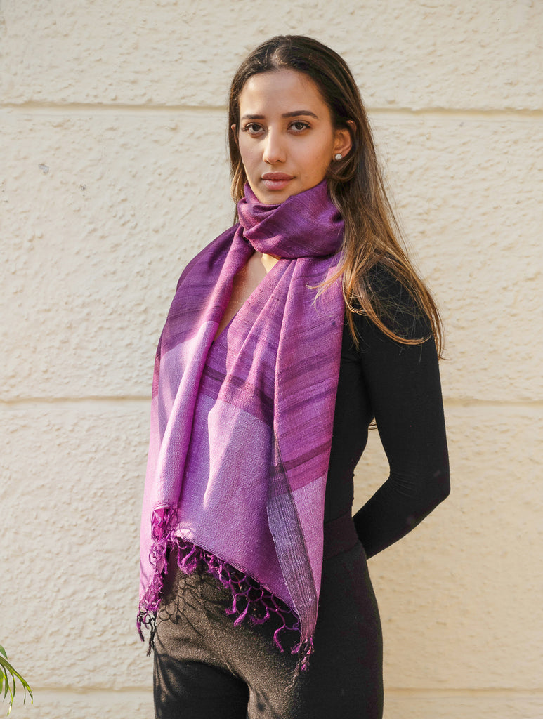 Pure, Handwoven Bhagalpur Tussore Silk Stole - Purple Moods