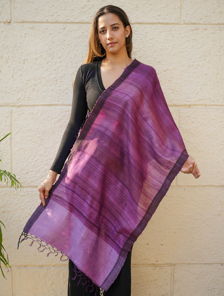 Pure, Handwoven Bhagalpur Tussore Silk Stole - Purple Moods