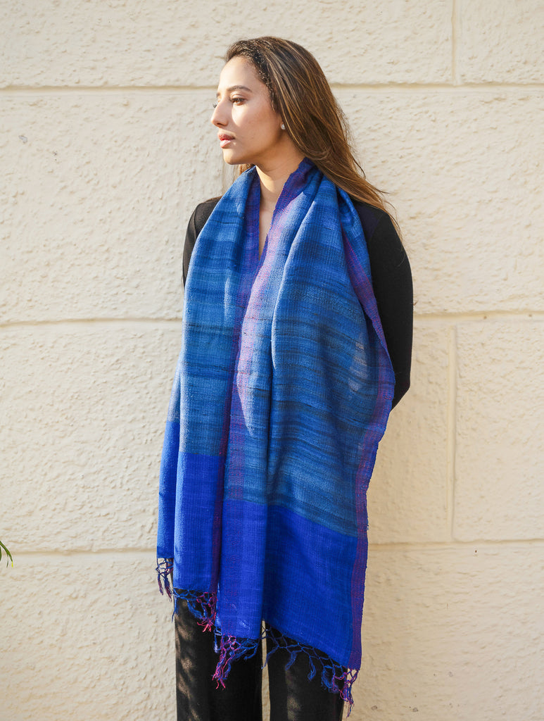 Pure, Handwoven Bhagalpur Tussore Silk Stole - Royal Blue