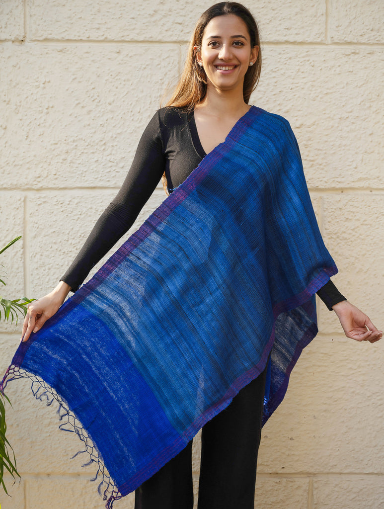 Pure, Handwoven Bhagalpur Tussore Silk Stole - Royal Blue