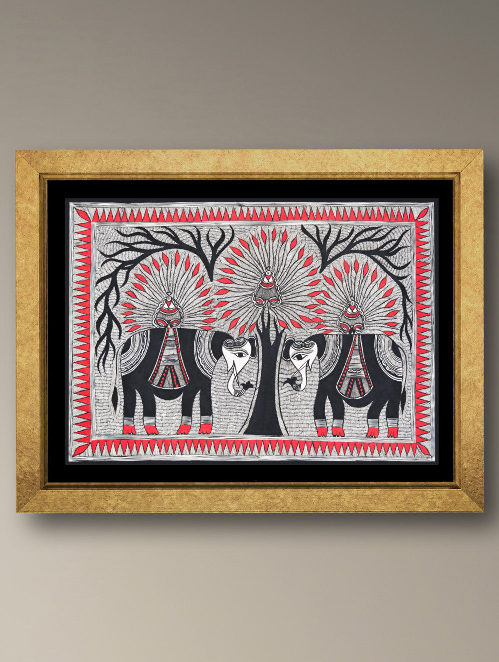 Handpainted Madhubani Painting - Gaj Mayur Utsav (Unframed - L 30 x W 22 inches)