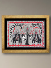 Handpainted Madhubani Painting - Gaj Mayur Utsav (Unframed - L 30 x W 22 inches)