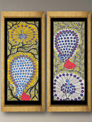 Handpainted Madhubani Painting (Set of 2) - Mayur Yugma (Unframed - L 22 x W 7 inches Each)