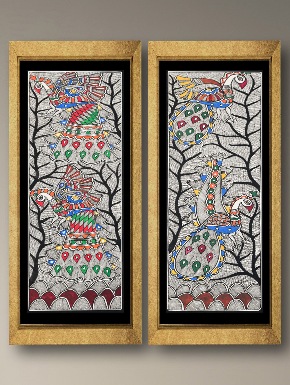 Handpainted Madhubani Painting (Set of 2) - Mayur Nrityantar (Unframed - L 22 x W 7 inches Each)