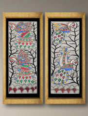 Handpainted Madhubani Painting (Set of 2) - Mayur Nrityantar (Unframed - L 22 x W 7 inches Each)