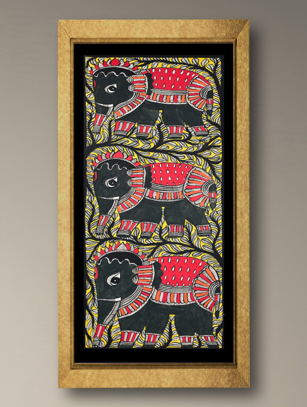 Handpainted Madhubani Painting - Elephant Family (Unframed - L 22 x W 11 inches) 