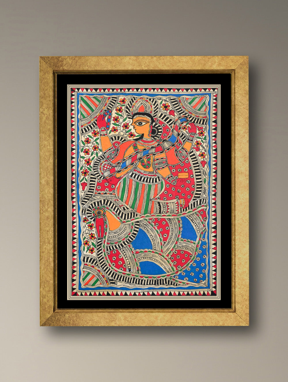 Handpainted Madhubani Painting - Veena Vaadini (Unframed - L 22 x W 15 inches) 