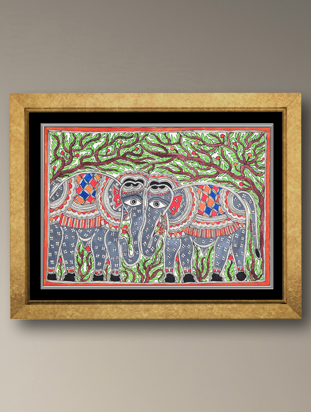 Handpainted Madhubani Painting - Elephant Love Story (Unframed - L 22 x W 15 inches) 