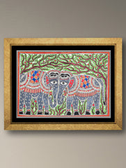Handpainted Madhubani Painting - Elephant Love Story (Unframed - L 22 x W 15 inches) 
