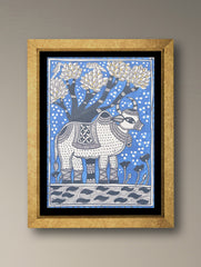 Handpainted Madhubani Painting - Neel Kamadhenu (Unframed - L 22 x W 15 inches)