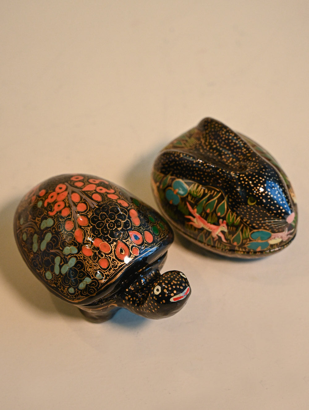 Handcrafted Kashmiri Art Tortoise Decorative Utility Boxes - Midnight Blooms Stars (Set of Two)