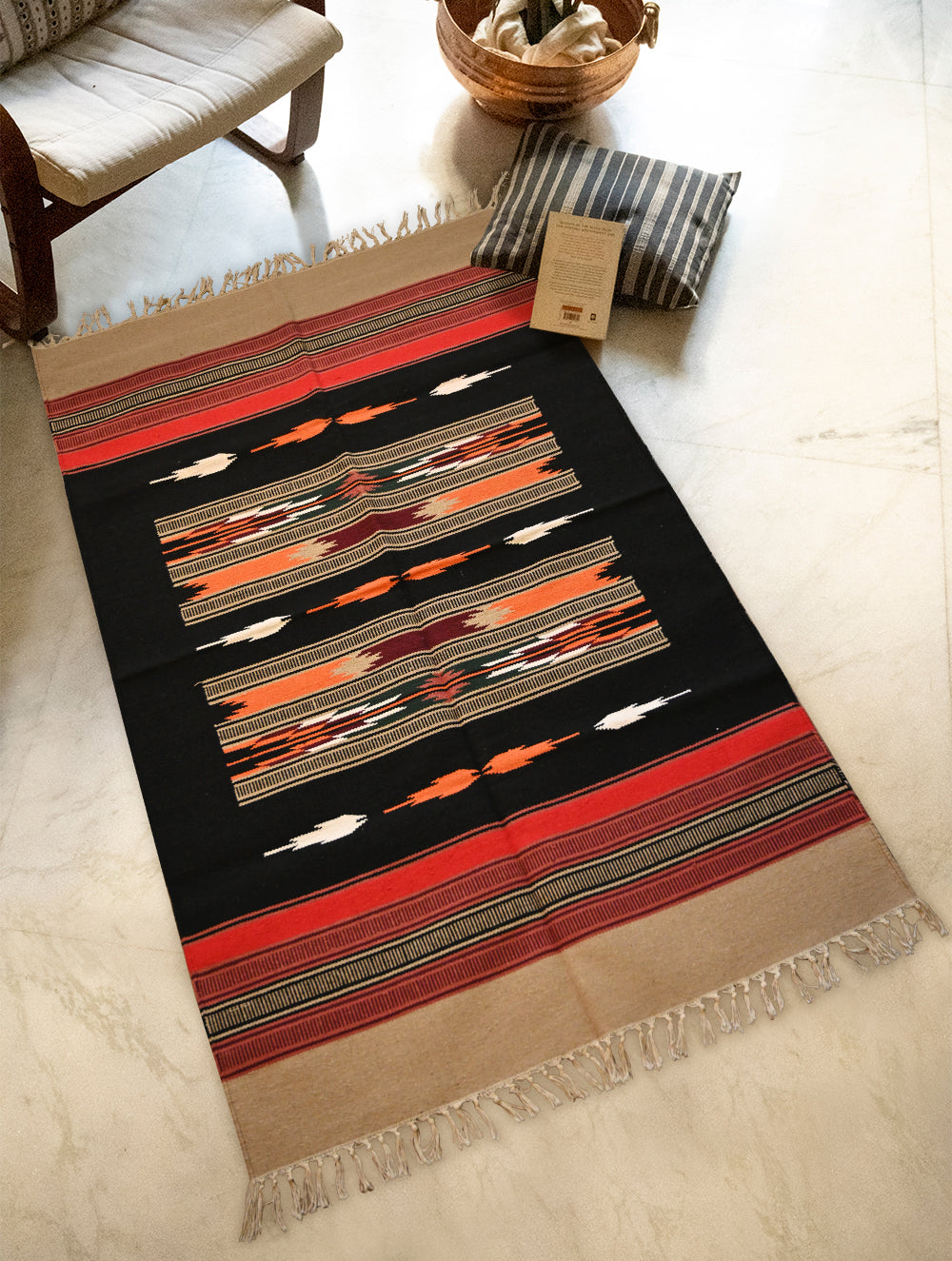 Handwoven Premium Cotton Warangal Dhurrie - Orugallu Rekha (L 5 ft x W 3 ft)