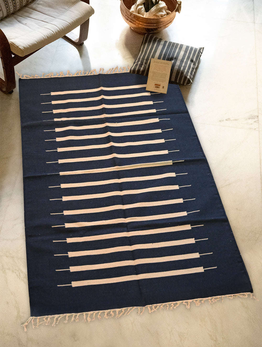 Handwoven Premium Cotton Warangal Dhurrie - Kakatiya Neel (L 5 ft x W 3 ft)