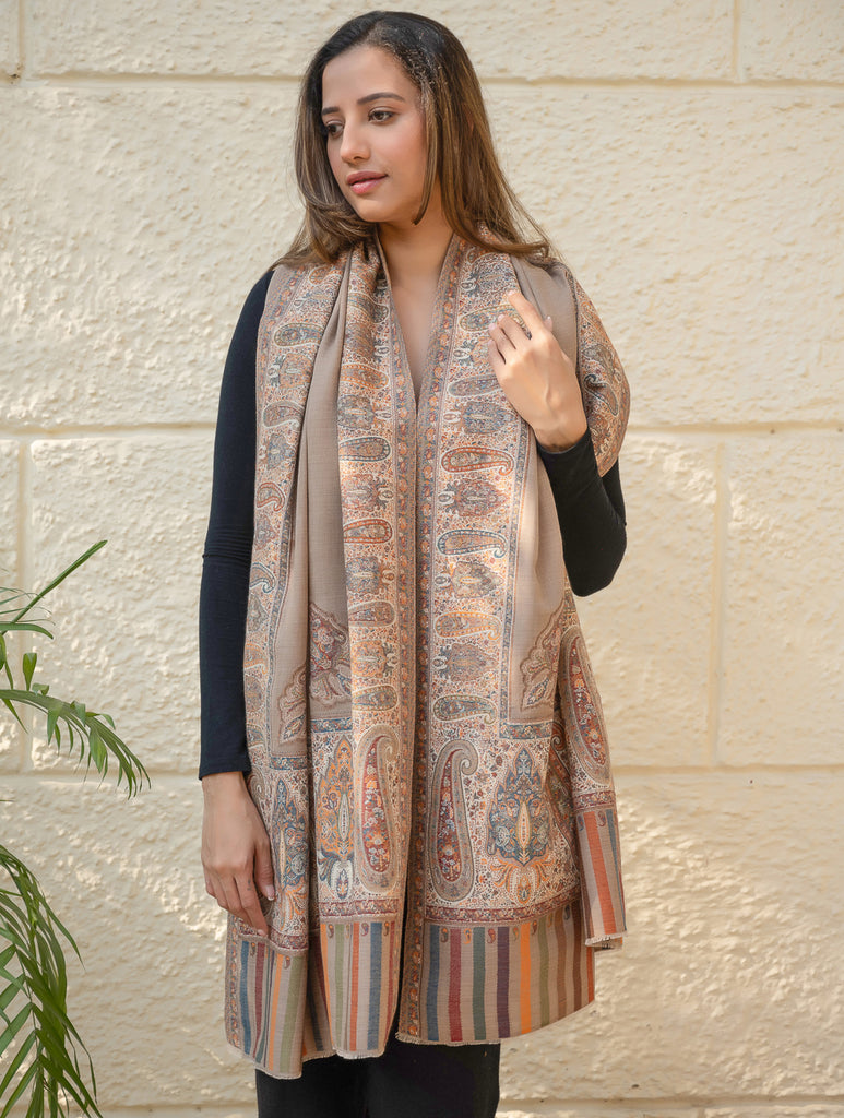 Regal Statement. Exclusive Soft Jamavar Design Kashmiri Shawl - Elegant Beige