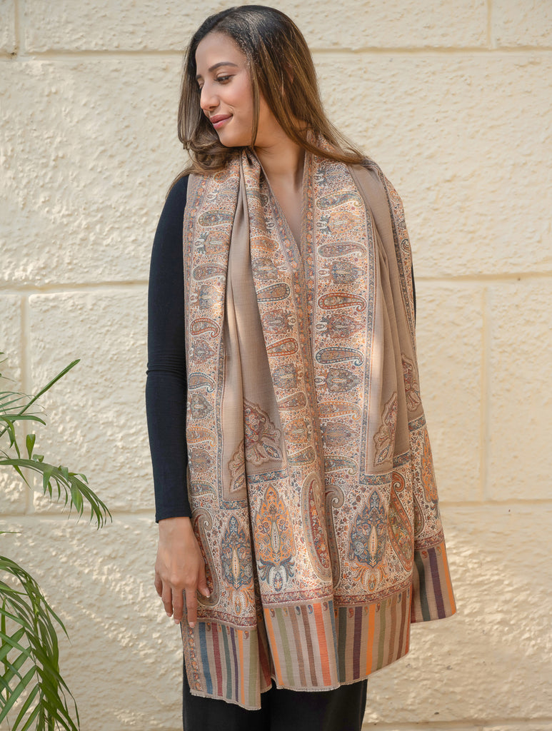 Regal Statement. Exclusive Soft Jamavar Design Kashmiri Shawl - Elegant Beige