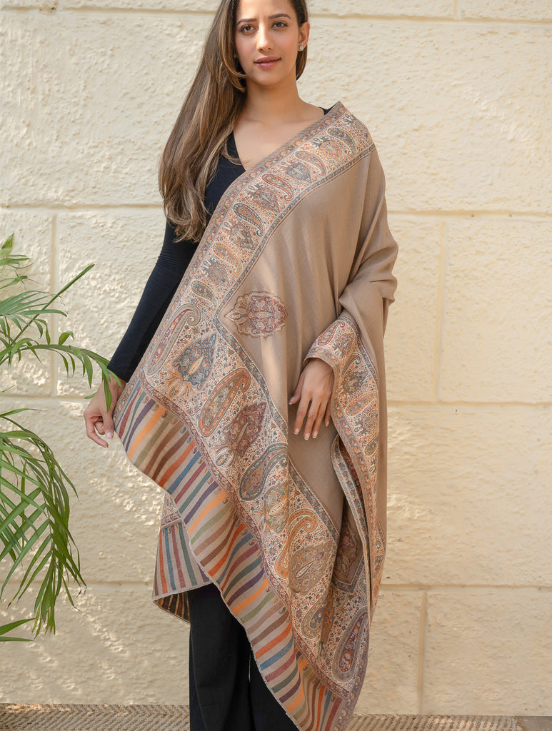 Regal Statement. Exclusive Soft Jamavar Design Kashmiri Shawl - Elegant Beige