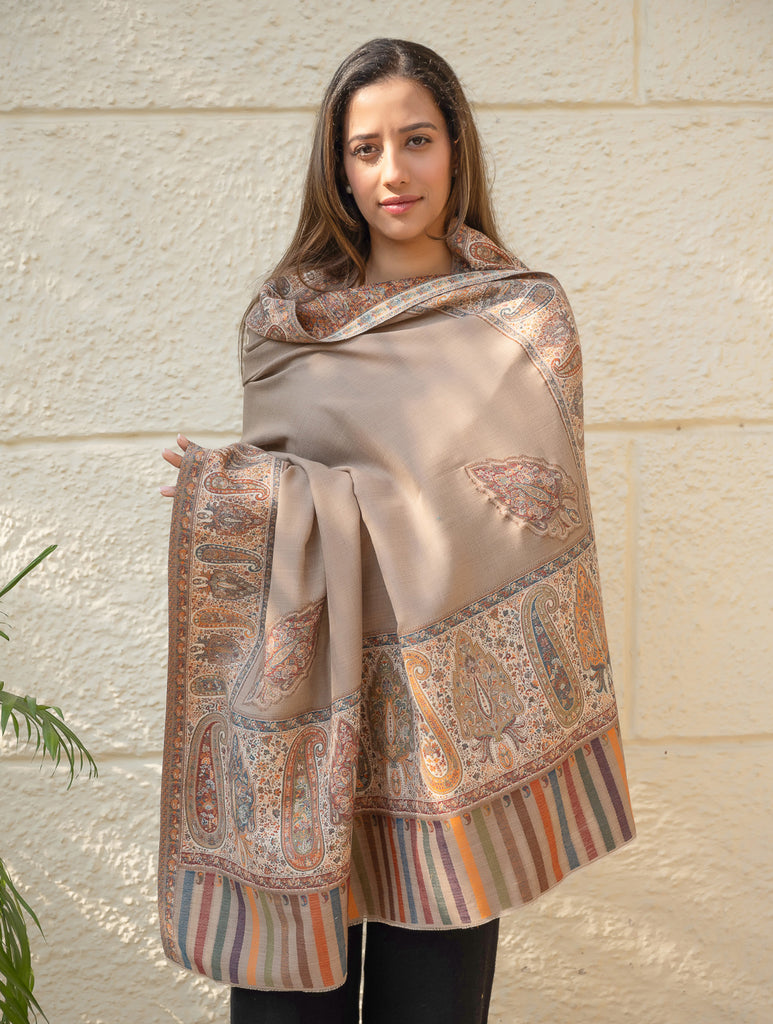 Regal Statement. Exclusive Soft Jamavar Design Kashmiri Shawl - Elegant Beige