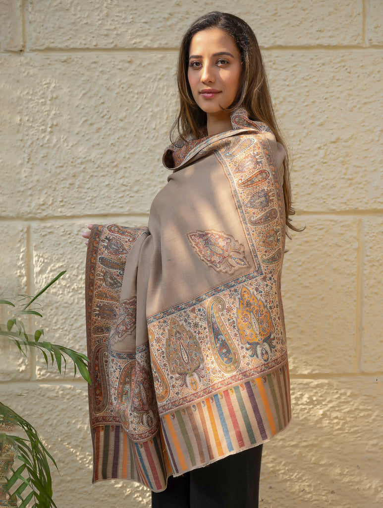 Regal Statement. Exclusive Soft Jamavar Design Kashmiri Shawl - Elegant Beige