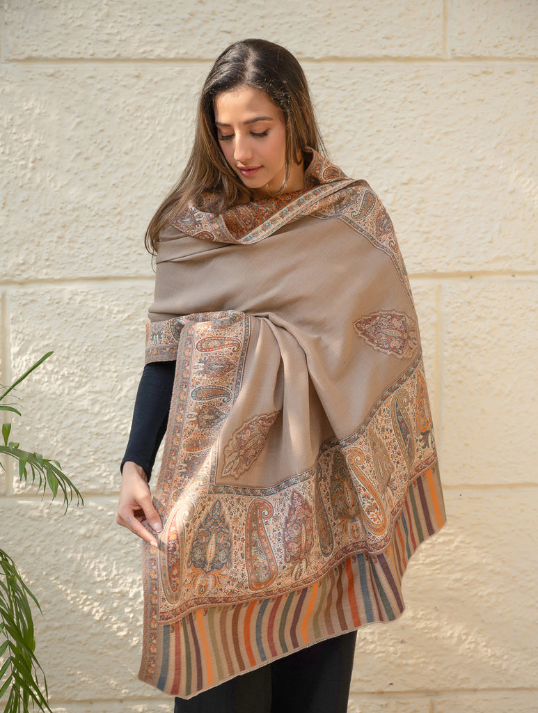 Regal Statement. Exclusive Soft Jamavar Design Kashmiri Shawl - Elegant Beige