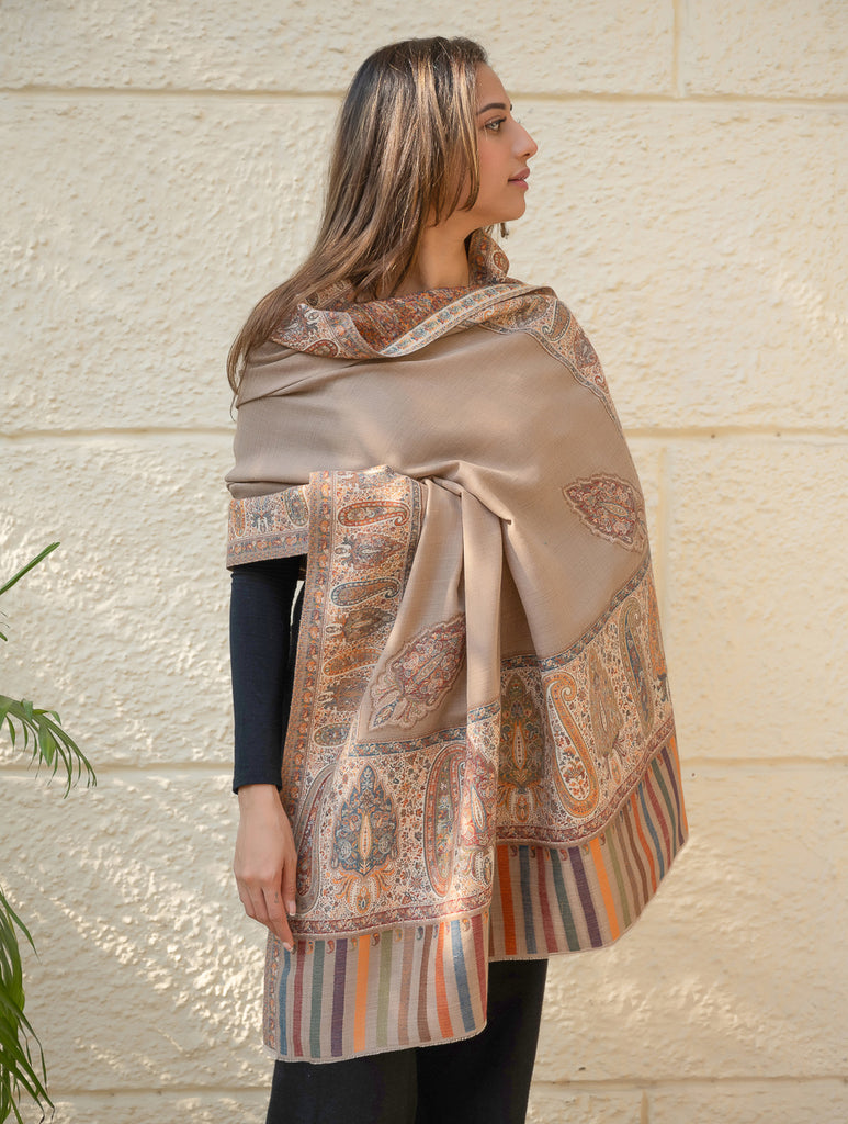 Regal Statement. Exclusive Soft Jamavar Design Kashmiri Shawl - Elegant Beige