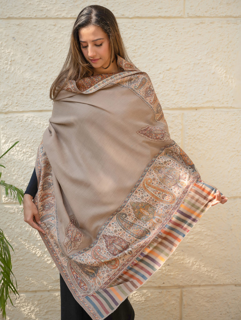 Regal Statement. Exclusive Soft Jamavar Design Kashmiri Shawl - Elegant Beige