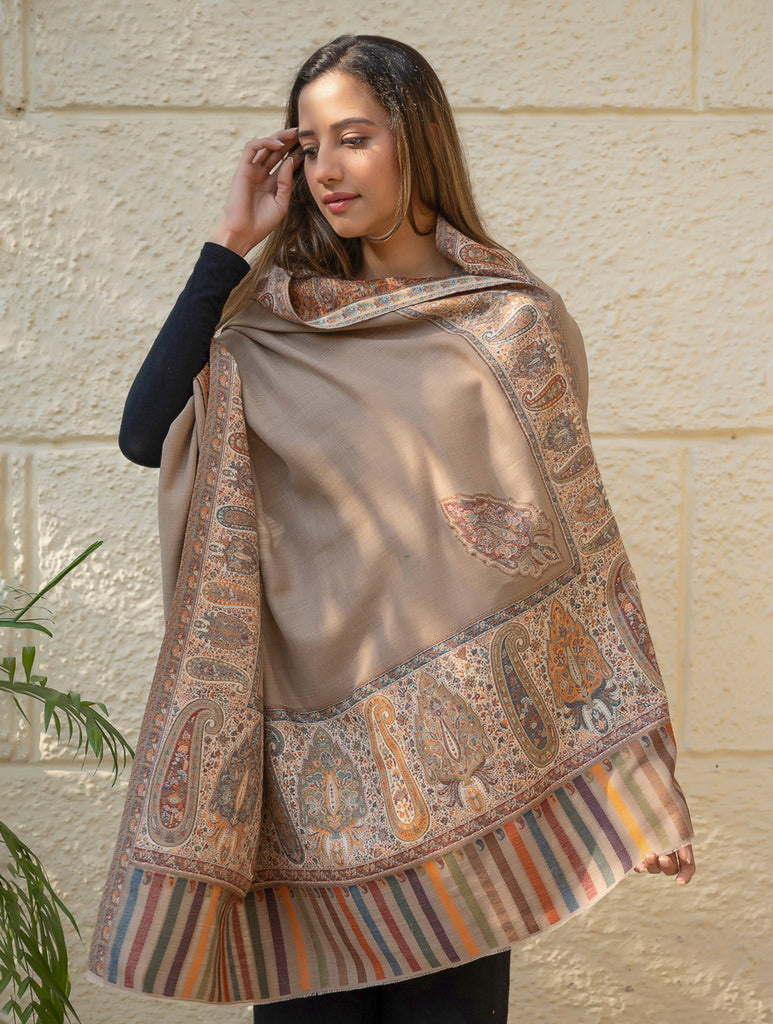 Regal Statement. Exclusive Soft Jamavar Design Kashmiri Shawl - Elegant Beige