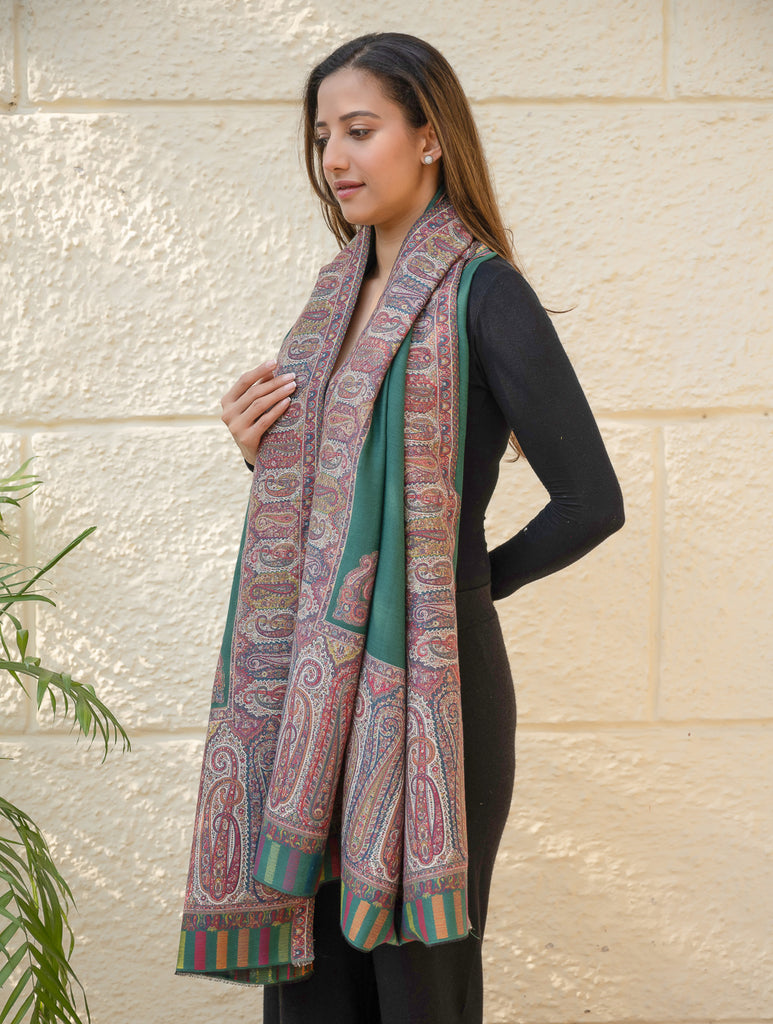 Regal Statement. Exclusive Soft Jamavar Design Kashmiri Shawl - Emerald Green