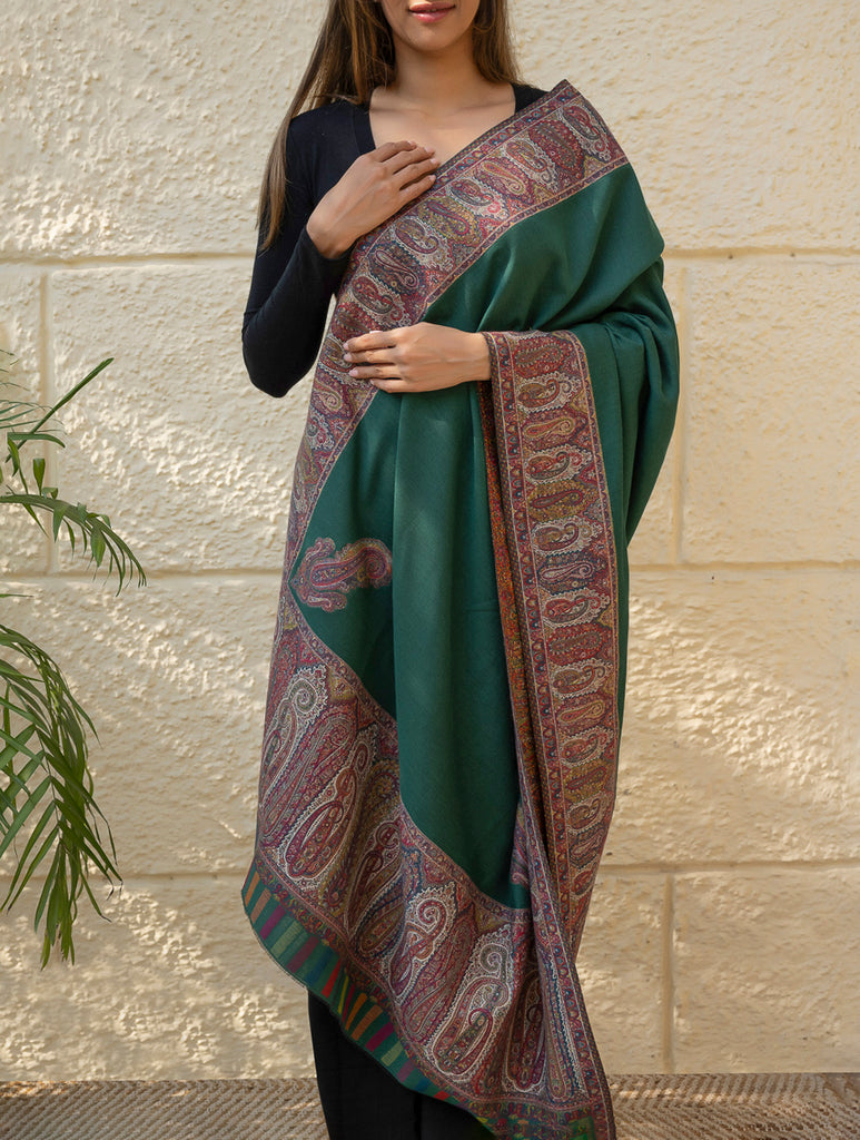 Regal Statement. Exclusive Soft Jamavar Design Kashmiri Shawl - Emerald Green