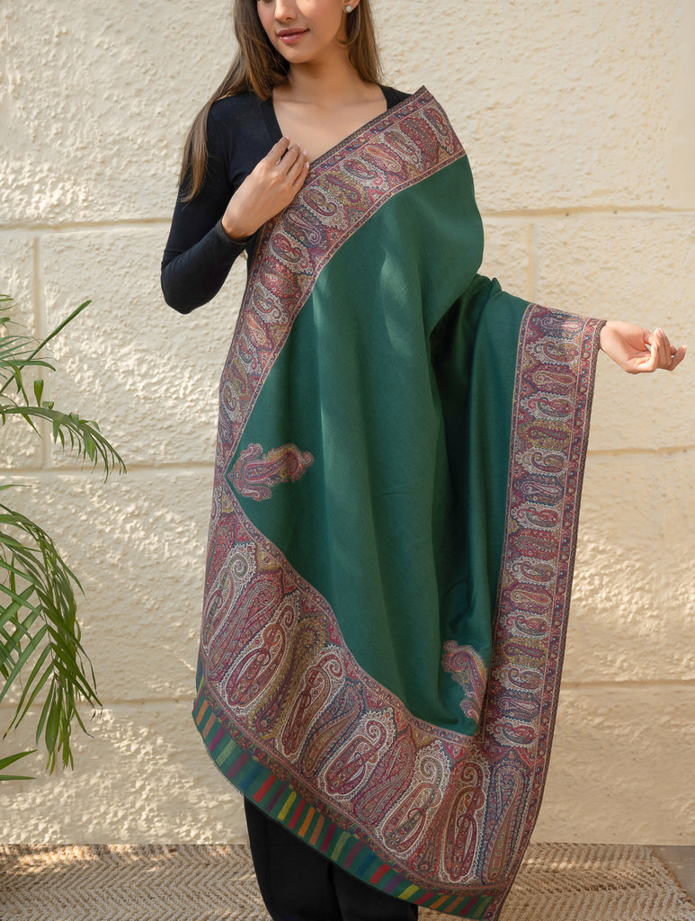 Regal Statement. Exclusive Soft Jamavar Design Kashmiri Shawl - Emerald Green