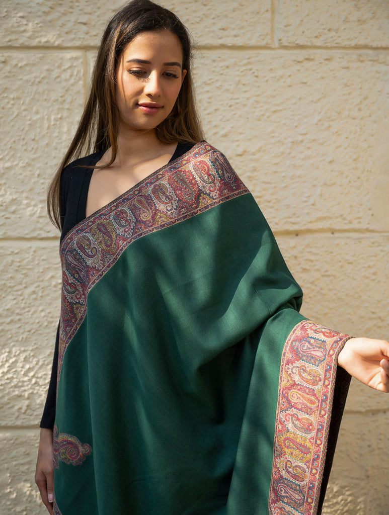 Regal Statement. Exclusive Soft Jamavar Design Kashmiri Shawl - Emerald Green