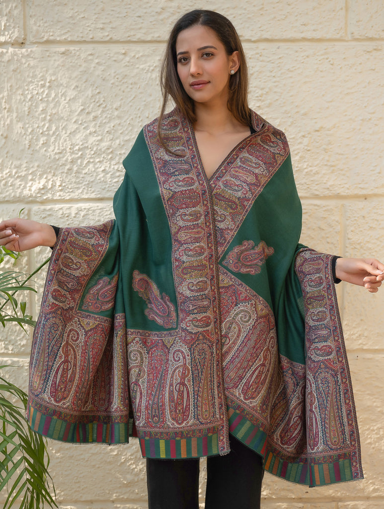 Regal Statement. Exclusive Soft Jamavar Design Kashmiri Shawl - Emerald Green