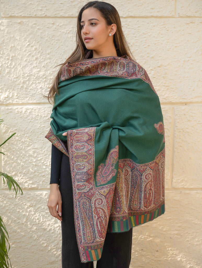 Regal Statement. Exclusive Soft Jamavar Design Kashmiri Shawl - Emerald Green