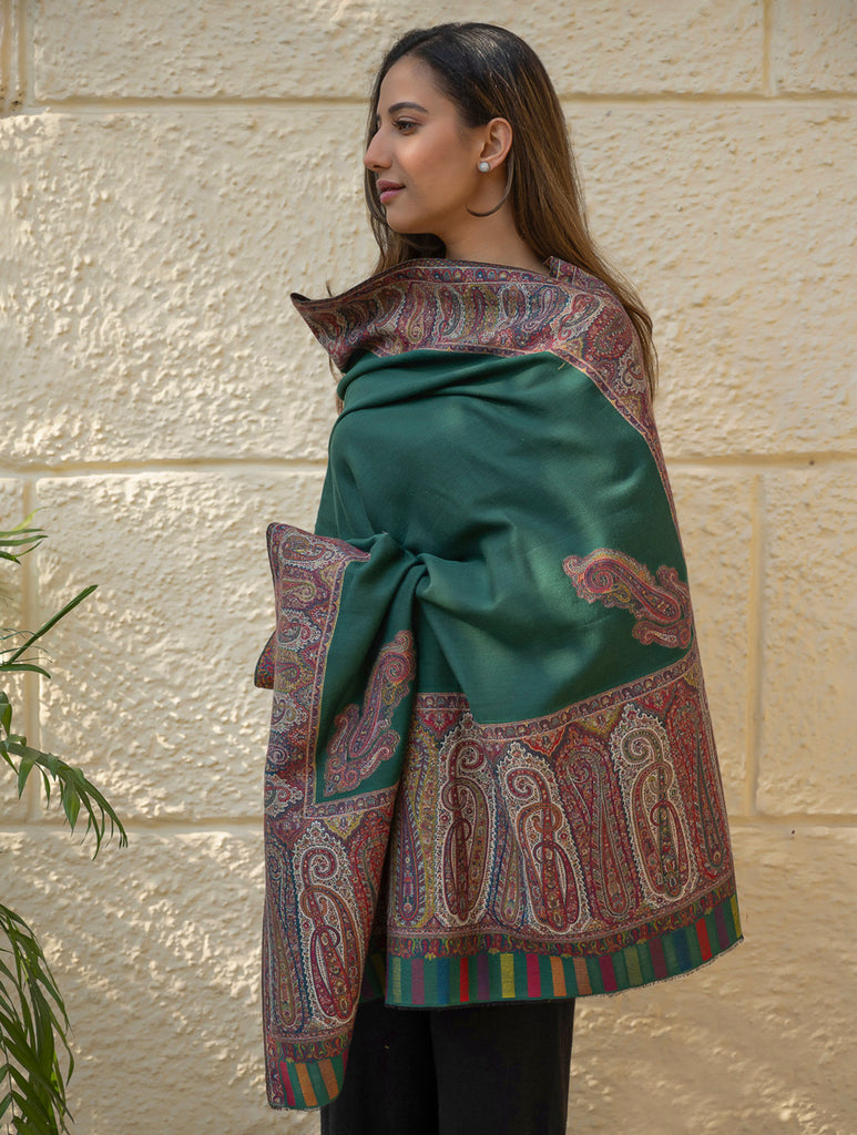 Regal Statement. Exclusive Soft Jamavar Design Kashmiri Shawl - Emerald Green