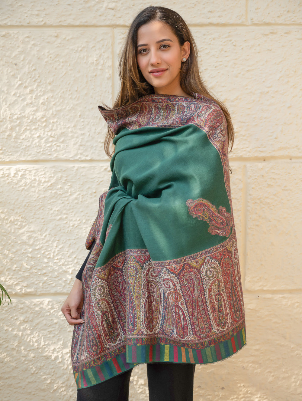 Load image into Gallery viewer, Regal Statement. Exclusive Soft Jamavar Design Kashmiri Shawl - Emerald Green