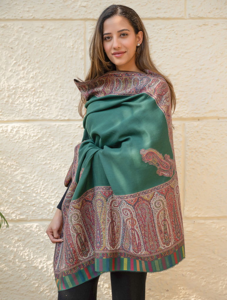 Regal Statement. Exclusive Soft Jamavar Design Kashmiri Shawl - Emerald Green