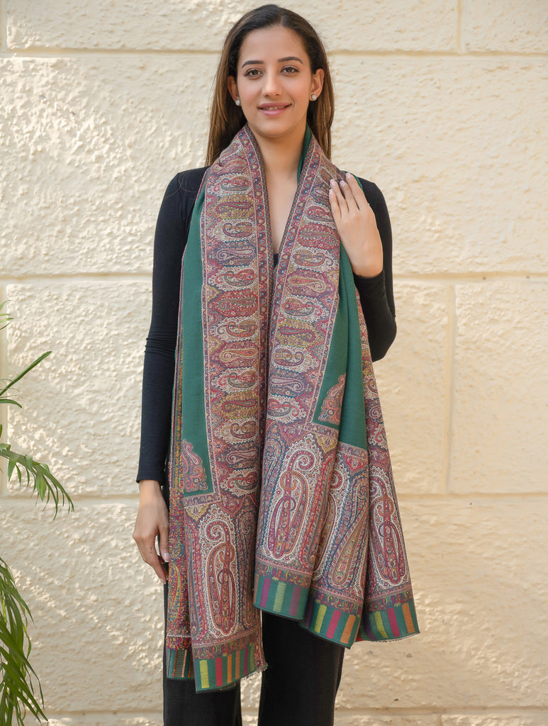 Regal Statement. Exclusive Soft Jamavar Design Kashmiri Shawl - Emerald Green