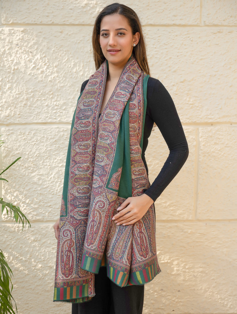 Regal Statement. Exclusive Soft Jamavar Design Kashmiri Shawl - Emerald Green